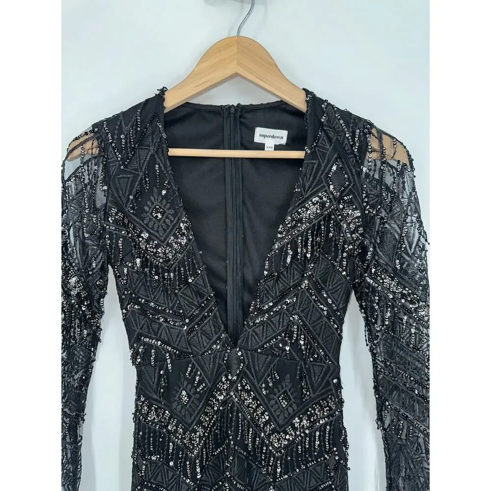 REVOLVE Superdown Nia Sequin Fringe Mini Dress Plunge V-Neck Mesh Long Sleeve - Picture 6 of 13